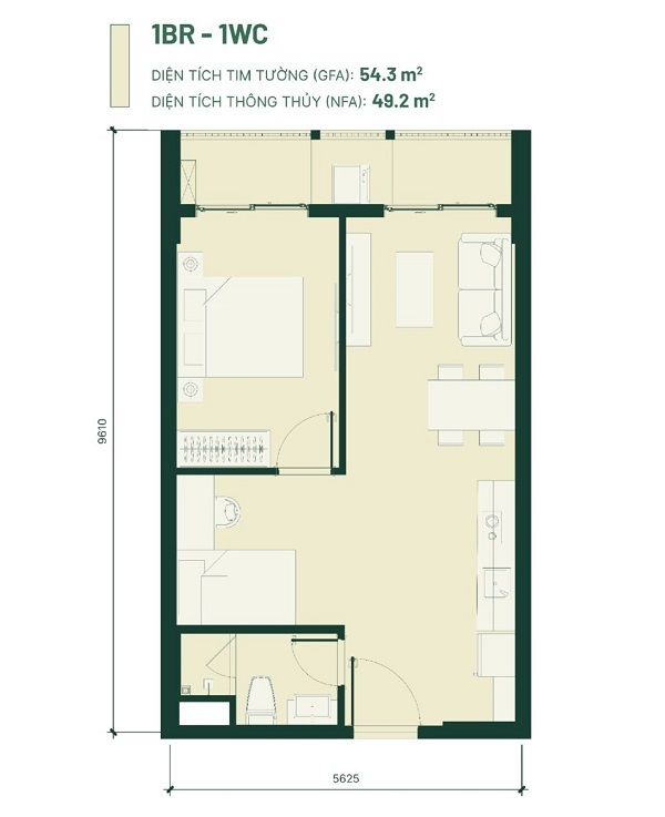 Căn hộ 2 phòng ngủ Happy One Mori