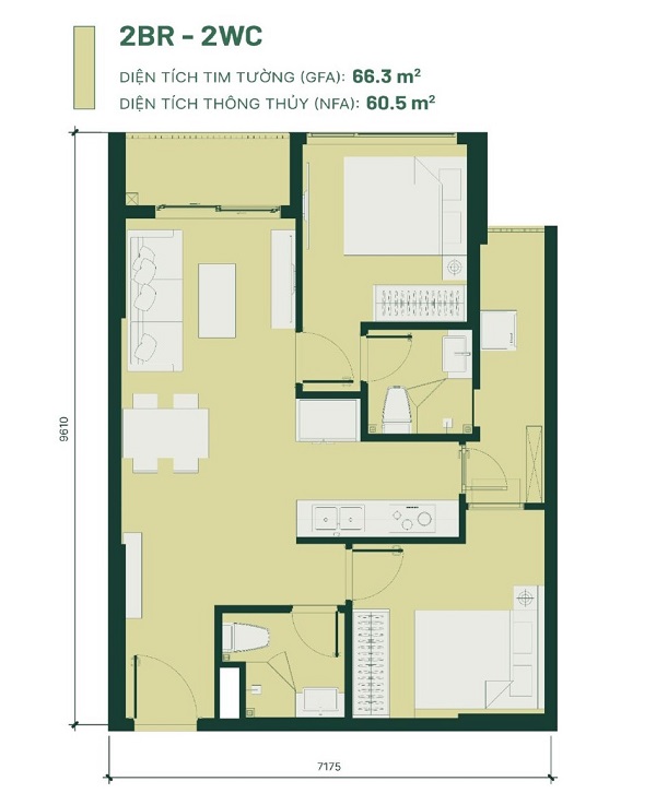 Căn hộ 2 phòng ngủ Happy One Mori