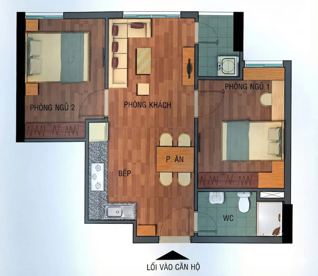 Layout thiết kế 2 phòng ngủ STC Tân Phú