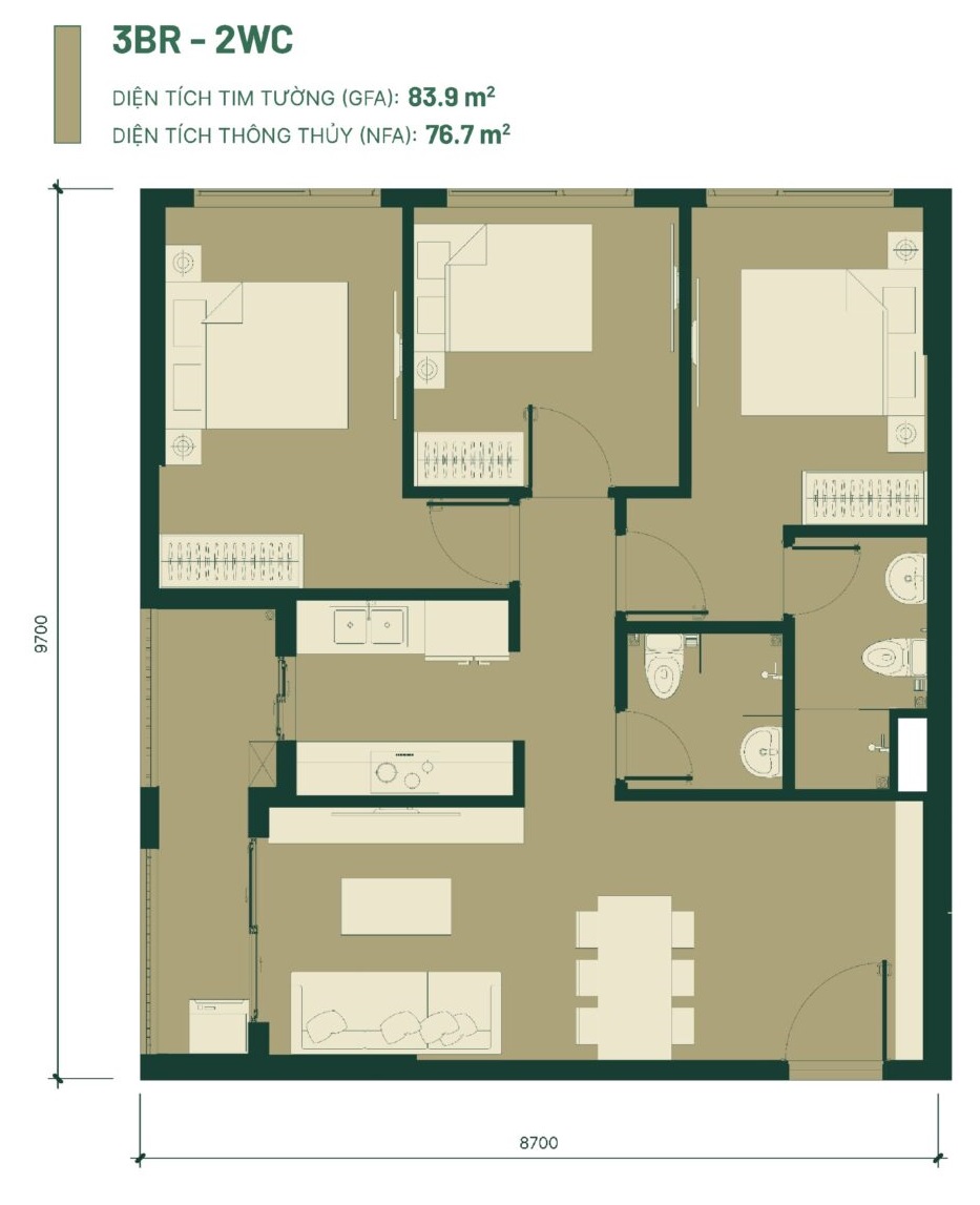 Căn hộ 3 phòng ngủ Happy One Mori